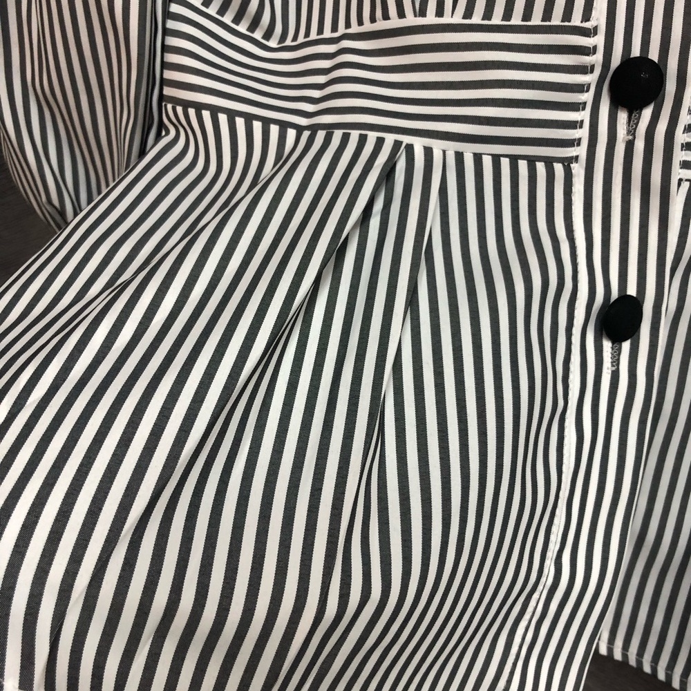 White and gray striped dressy blouse with buttons up the back, waistband - Picture 10 of 12